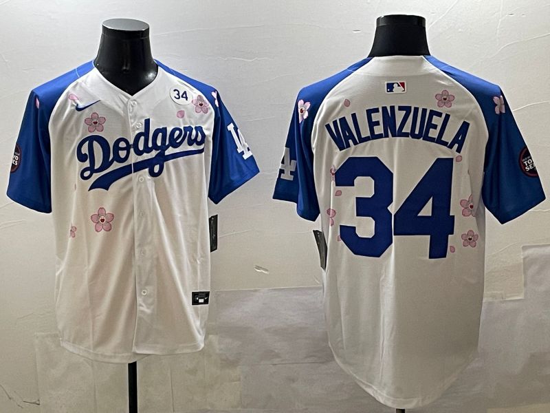 Men Los Angeles Dodgers 34 Valenzuela White Blue Sakura Edition 2025 Nike MLB Jersey style 4